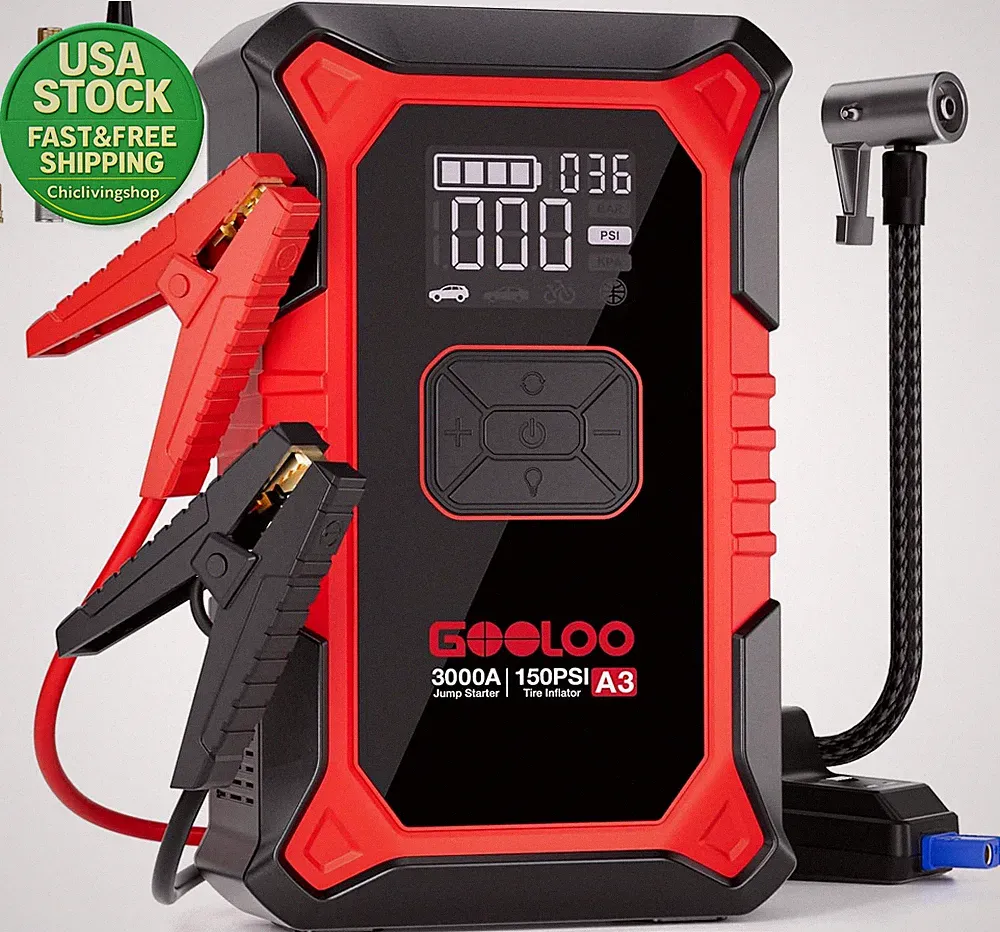 A3 Jump Starter Air Compressor 3000A 12V Tire Inflator Portable Red