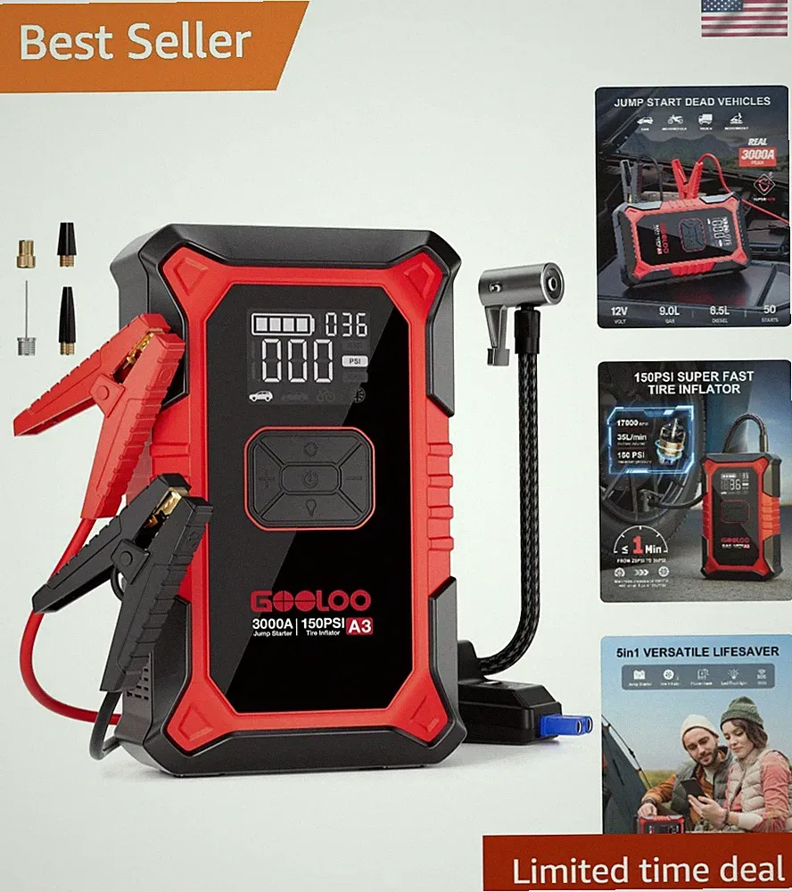 A3 Jump Starter w/ Air Compressor,3000A Portable Car Battery Booster-12V Lithium