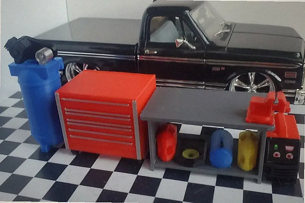 Red Tool Box Workbench Oil Pan Gas Air Compressor 1/24 1/25 Scale Garage Diorama